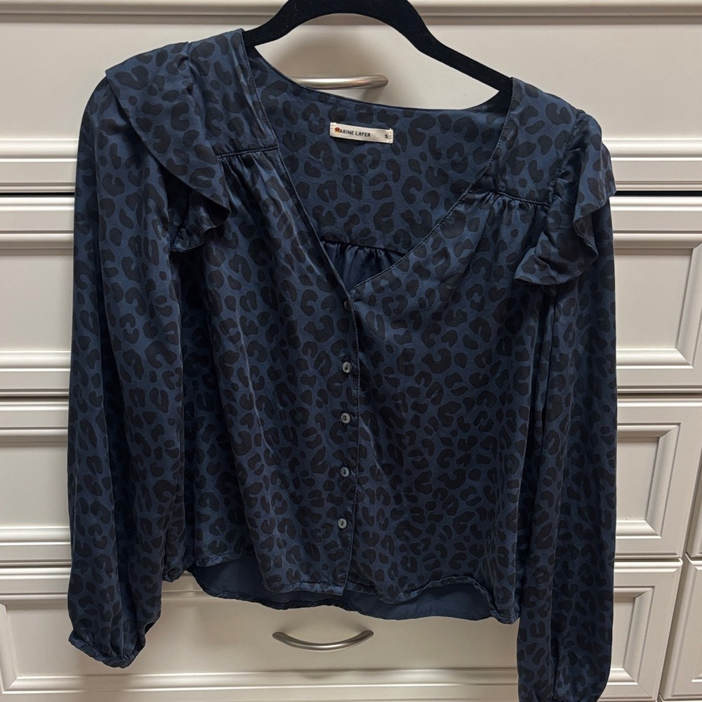 Marine Layer Navy and Black Leopard-Print Button Front Blouse